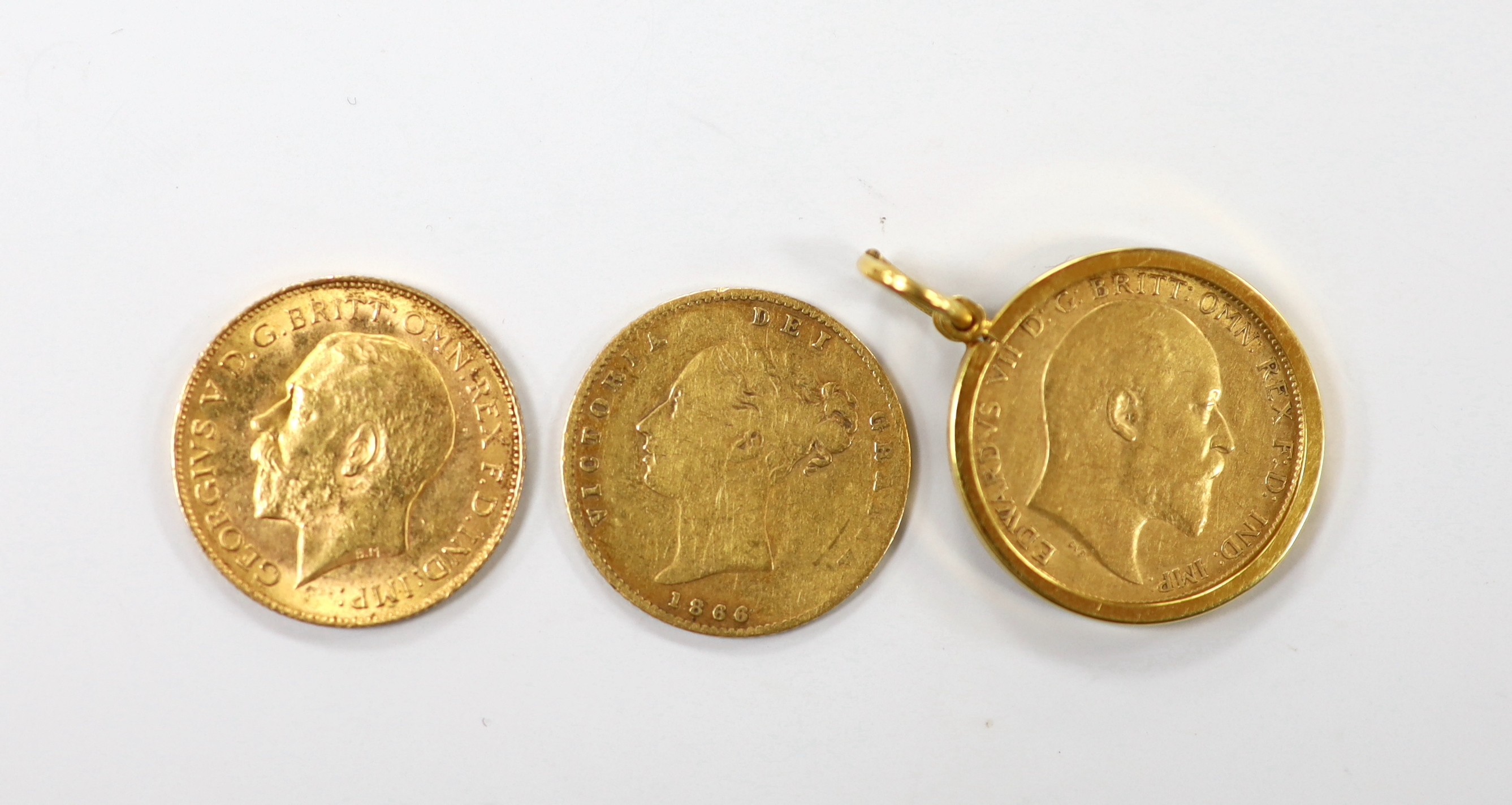 A Victorian 1866 gold half sovereign, a 1908 golf half sovereign in later 9ct gold pendant mount and a 1914 gold half sovereign.